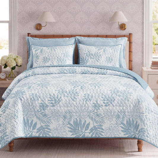 BLOOMHAVEN Quilt Set Queen Size, Moonstone Tropical Quilt Sets, Reversible Bedspread Lightweight and Breathable for All Seasons, Soft Quilted Bedspread with 2 Pillow Shams