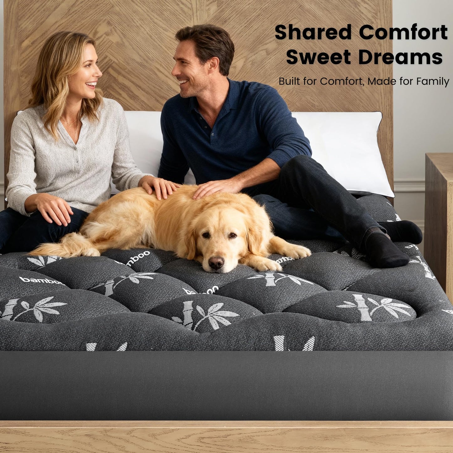 Mattress Topper Full Size - Viscose Made from Bamboo Pillow Top Mattress Pad with Deep Pockets - Soft Mattress Topper for Back Pain Relief(54"x75",Black)