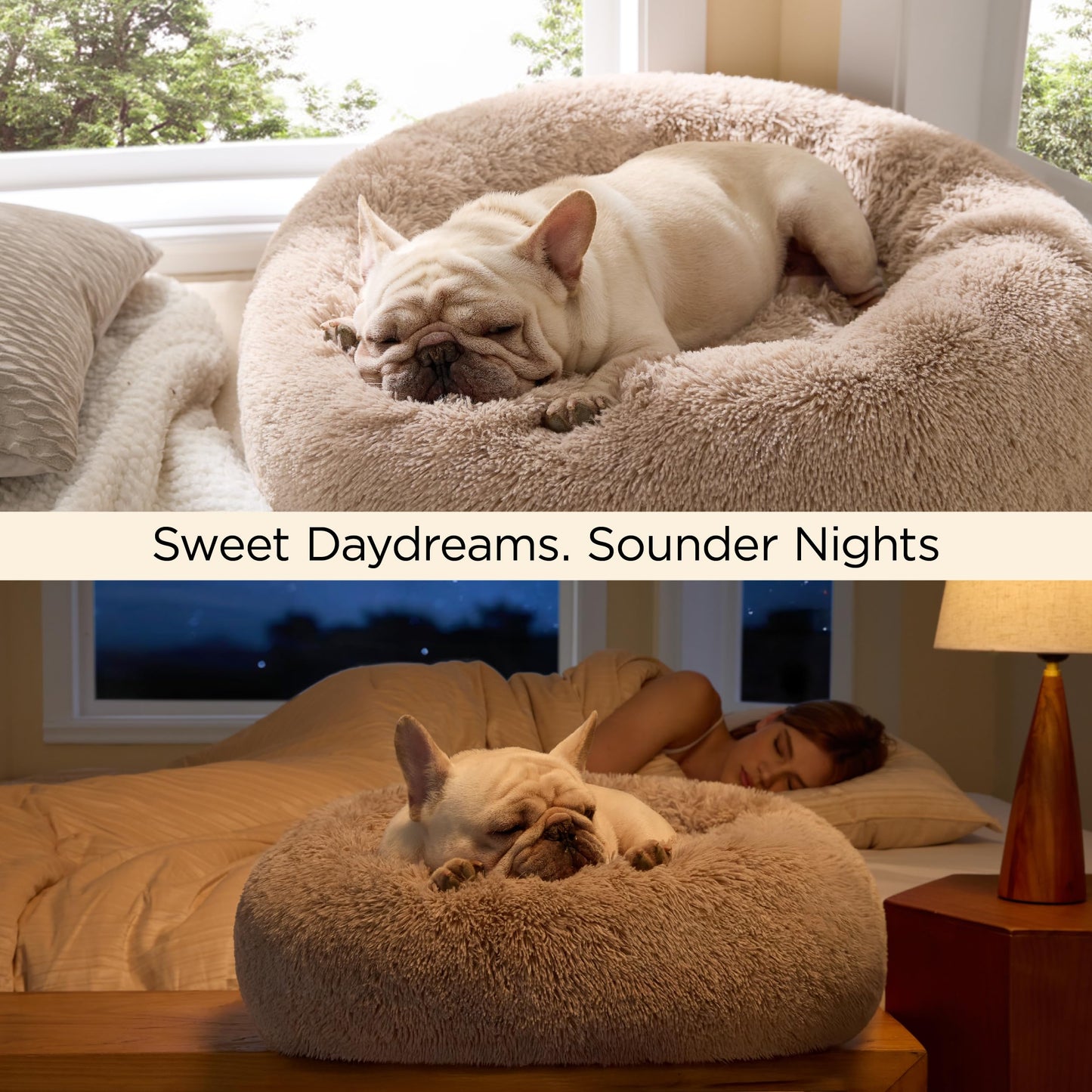 Bedsure Calming Dog Beds Large Sized Dog - Donut Washable Large Pet Bed, 36 inches Anti-Slip Round Fluffy Plush Faux Fur Dogs Bed, Fits up to 80 lbs Pets, Camel