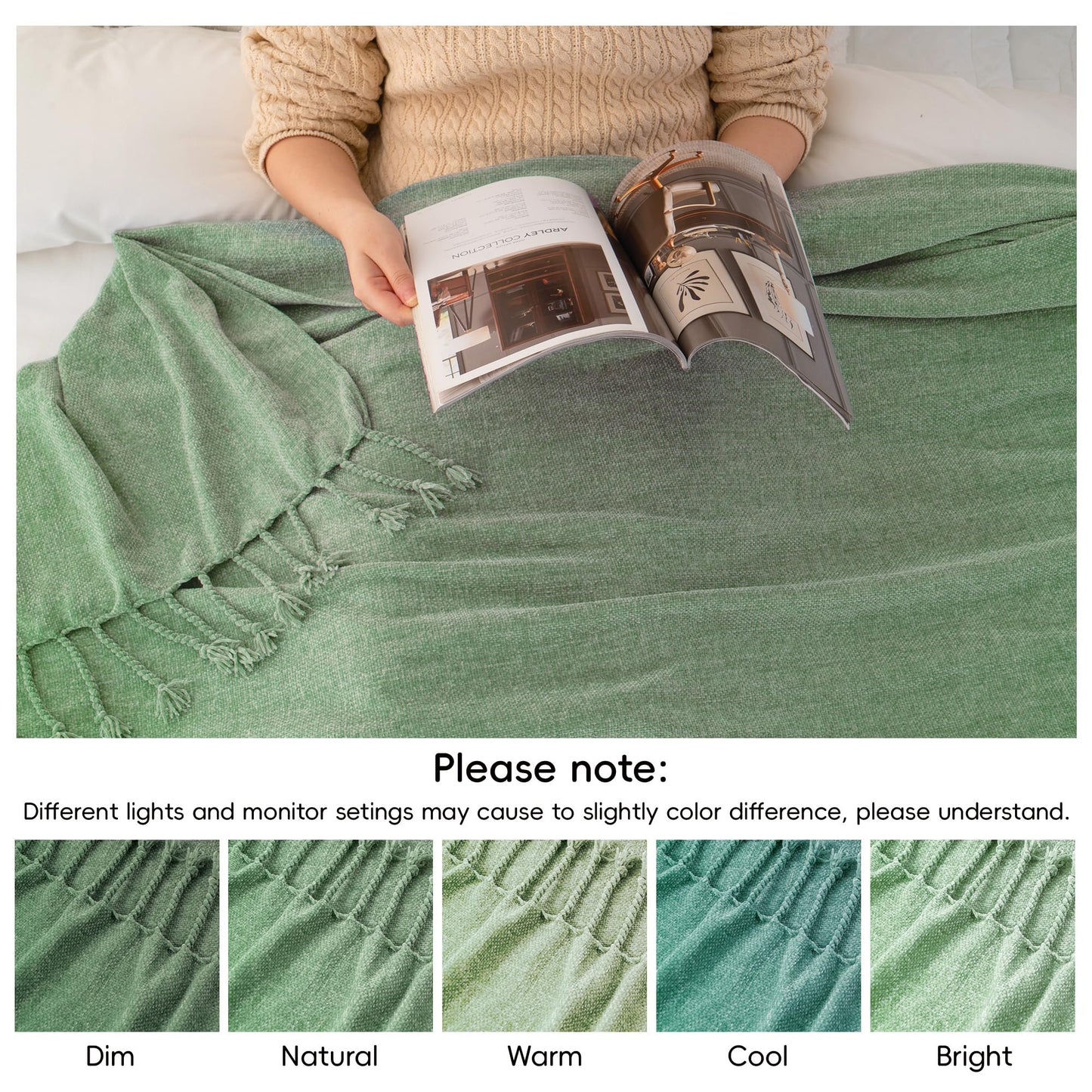 BATTILO HOME Sage Green Chenille Throw Blanket for Couch, Soft Cozy Textured Knit Throw Blanket with Handmade Fringe Tassels, Lightweight Decorative Farmhouse Blanket for Sofa Bed Chair, 50"x60"