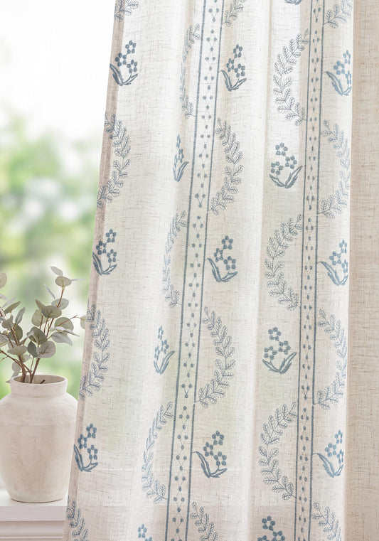 THREE GIRLS Lily of the Valley Navy Blue Vintage Floral Linen Curtains 96 Inch 2 Panels Back Tab/Rod Pocket Light Filtering Window Drapes for Farmhouse Living Room Bedroom Kitchen