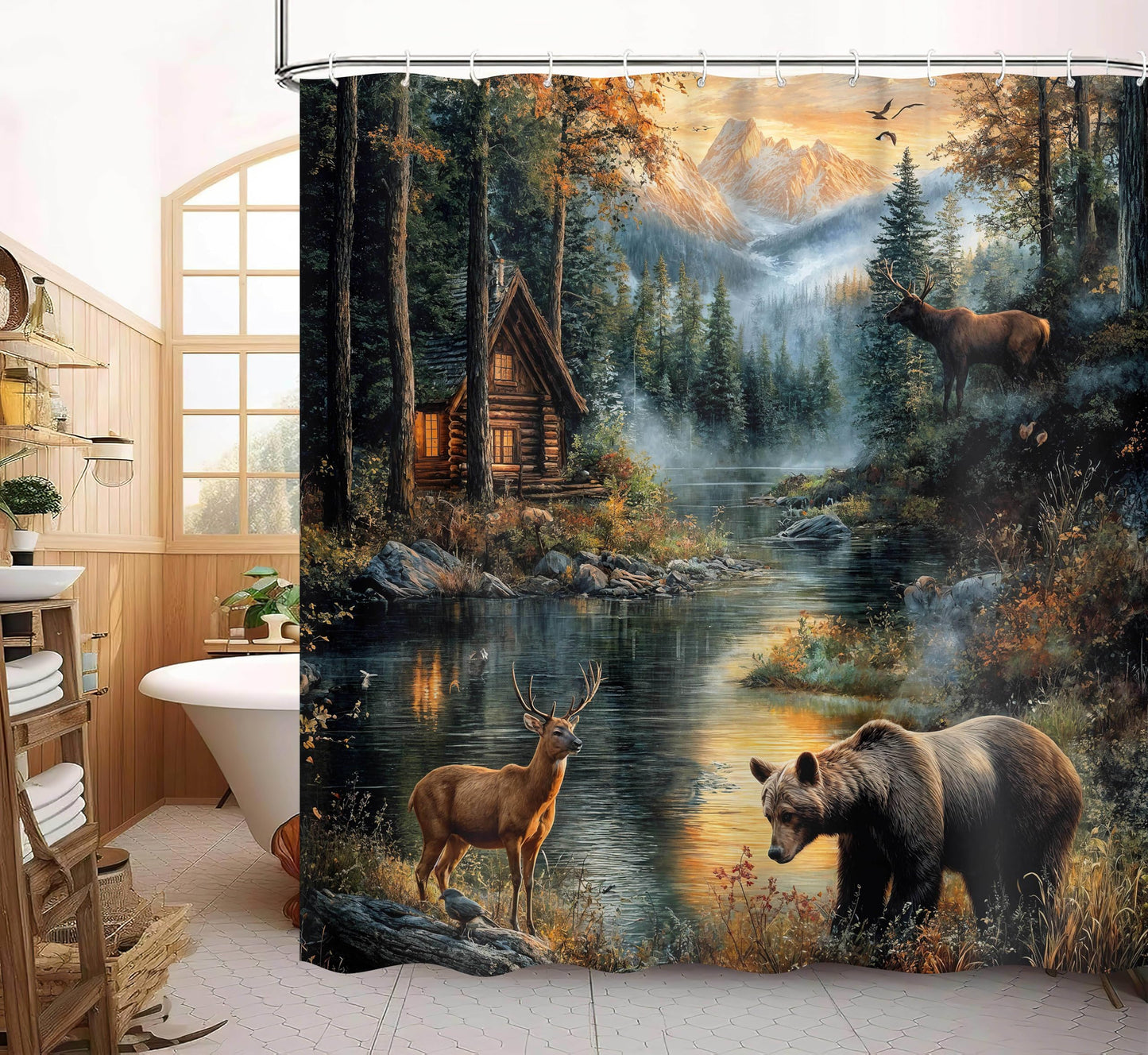 Dizifinn Rustic Shower Curain, Country Cabin Woodland Bear Moose Deer Bathroom Accessories, Farmhouse Hunting Camp Fabric Shower Curtains for Bathroom Decor, with Hooks 72x72 Inch