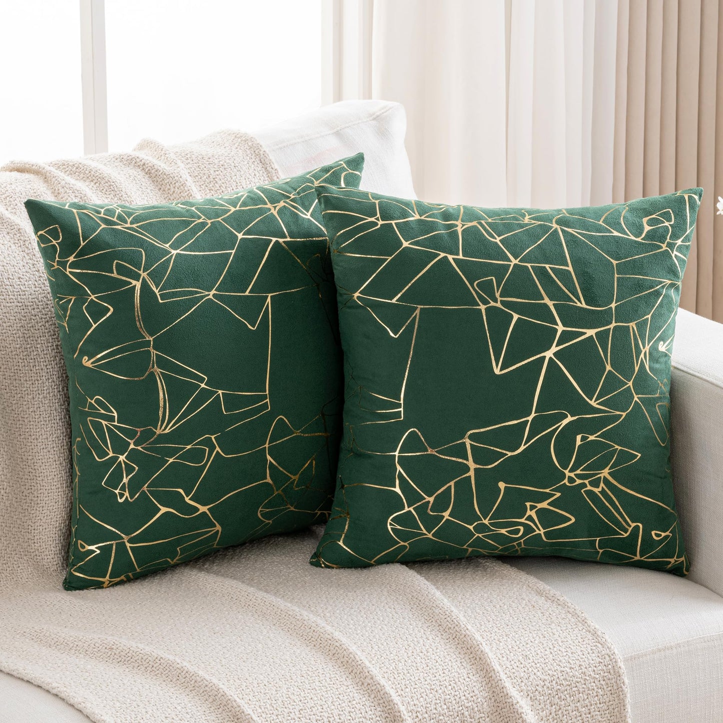 JELLYMONI Pillow Covers Set of 2, 18 x 18 inch Glitter Decorative Pillow Shams Green with Gold Streaks, Soft Pillowcases Home Decor for Sofa Couch Bed (Gold Dark Green)