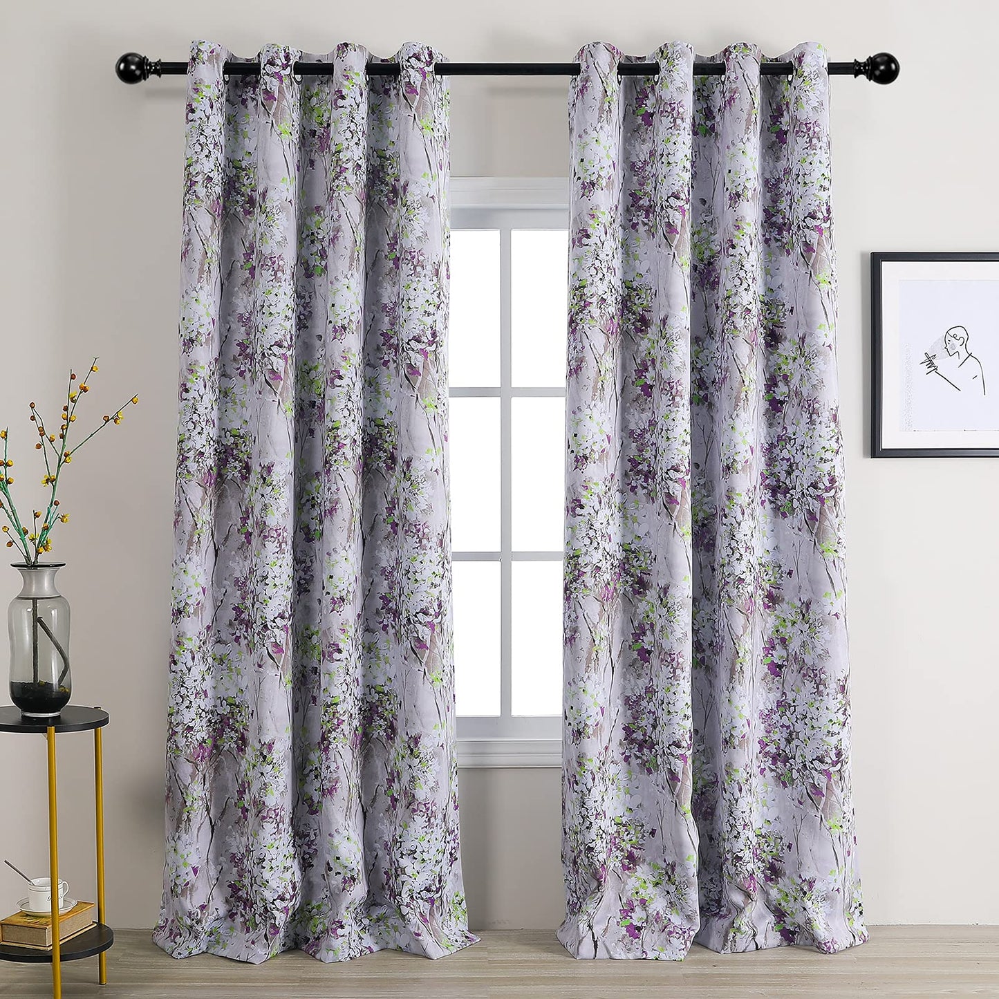 MYSKY HOME Purple Curtains 84 Inch Long 2 Panel Thermal Insulated Half-Blackout Flowers and Leaves Printed Curtains with Grommet