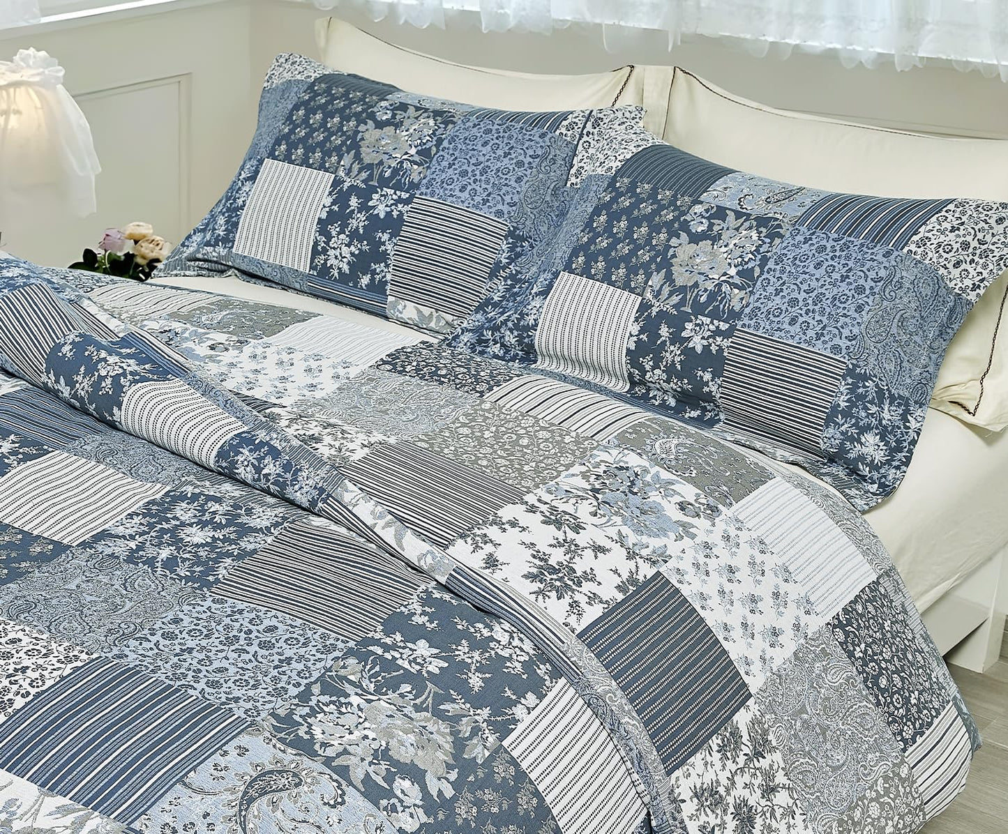 SLEEPBELLA Washed Double Layer Muslin 100% Cotton Comforter Set King Size, Boho Blue Patchwork Fluffy Thick Checked Bedding Set, Soft Breathable (1 Comforter, 2 Pillow Shams)