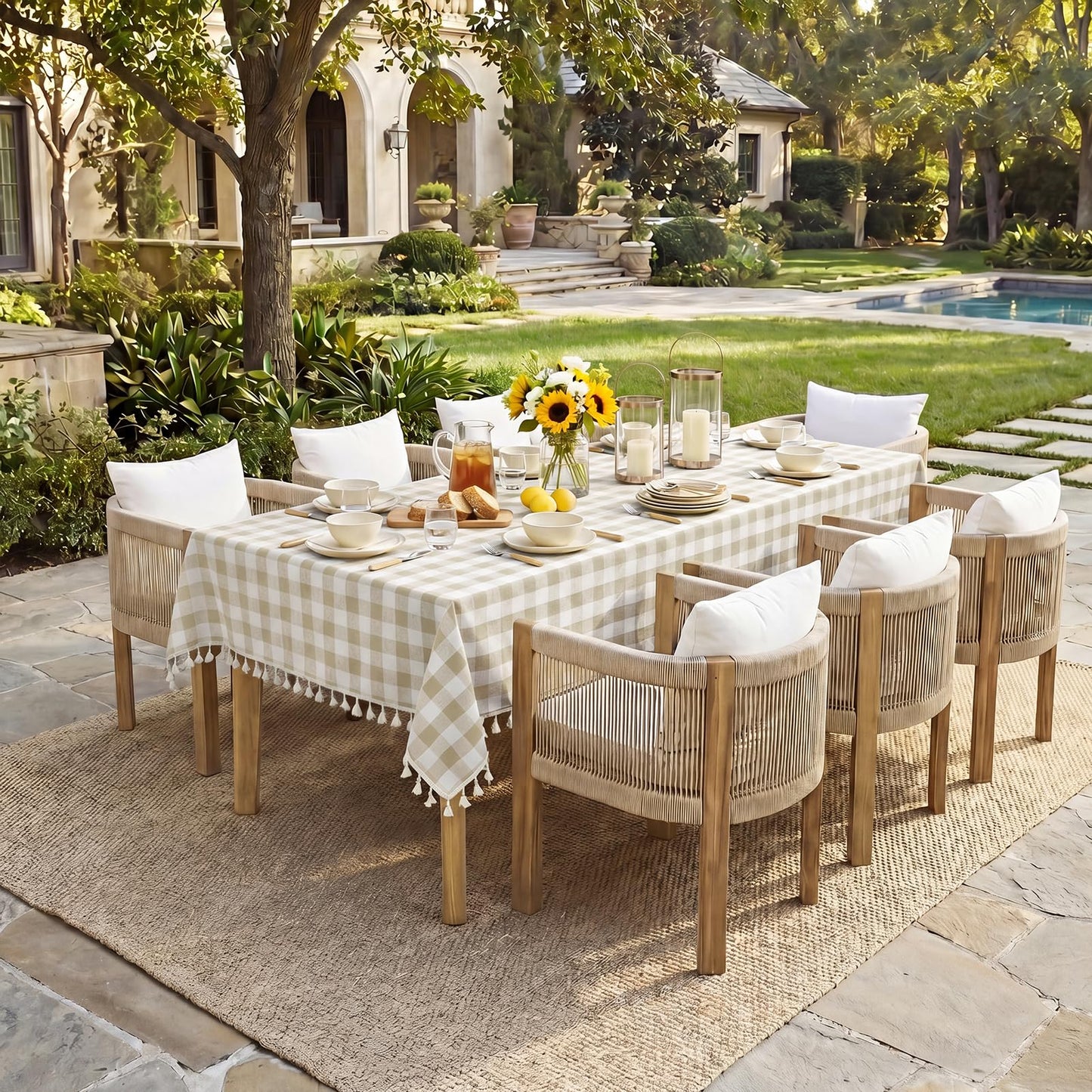 Softalker Checkered Tablecloth Rectangle, Outdoor Linen Cotton Gingham Table Cloth with Tassel, Heavy Duty Wrinkle Free Buffalo Plaid Table Cover for Kitchen Dining Summer Party - 55 x 120 Inch, Beige