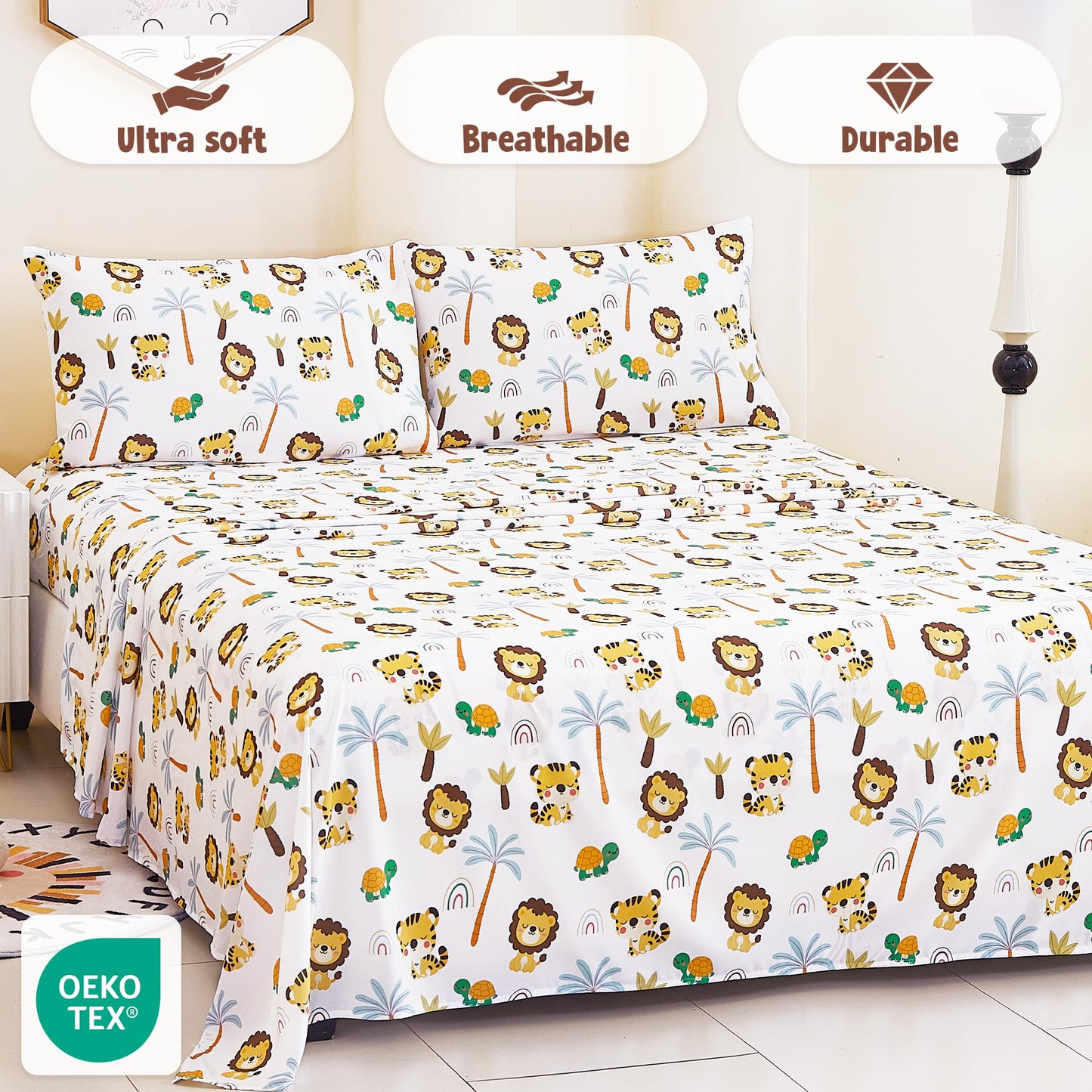 CozySmile Full Sheet Set Kids,4 Pieces Breathable Soft Microfiber Bedsheets for Child Boys, Oeko-TEX, Anti Pilling Deep Pockets Easy Care Bed Sheets, Lion Tiger