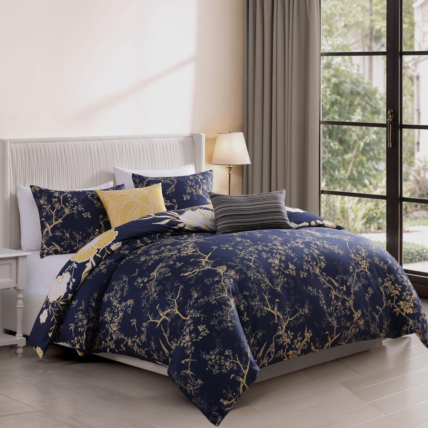 Bebejan Sunglow 5 Piece Comforter Set, 100% Cotton Sateen, 220 Thread Count, Blue Reversible Bedding Comforter Set, 1 Comforter, 2 Shams & 2 Pillows (King/Cal King)