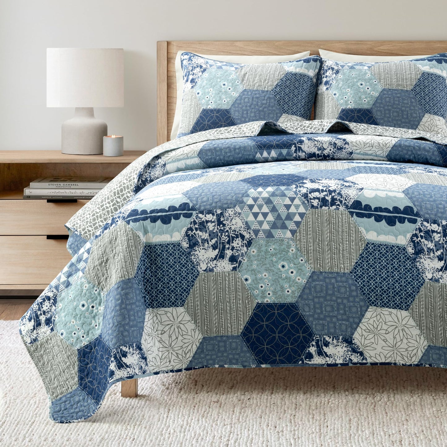 Lush Decor Briley Reversible Cotton Quilt Queen Size 3 Piece Set Full/Queen Dusty Blue - Bedding Set Queen Quilt - Patchwork Quilts - Country Decor