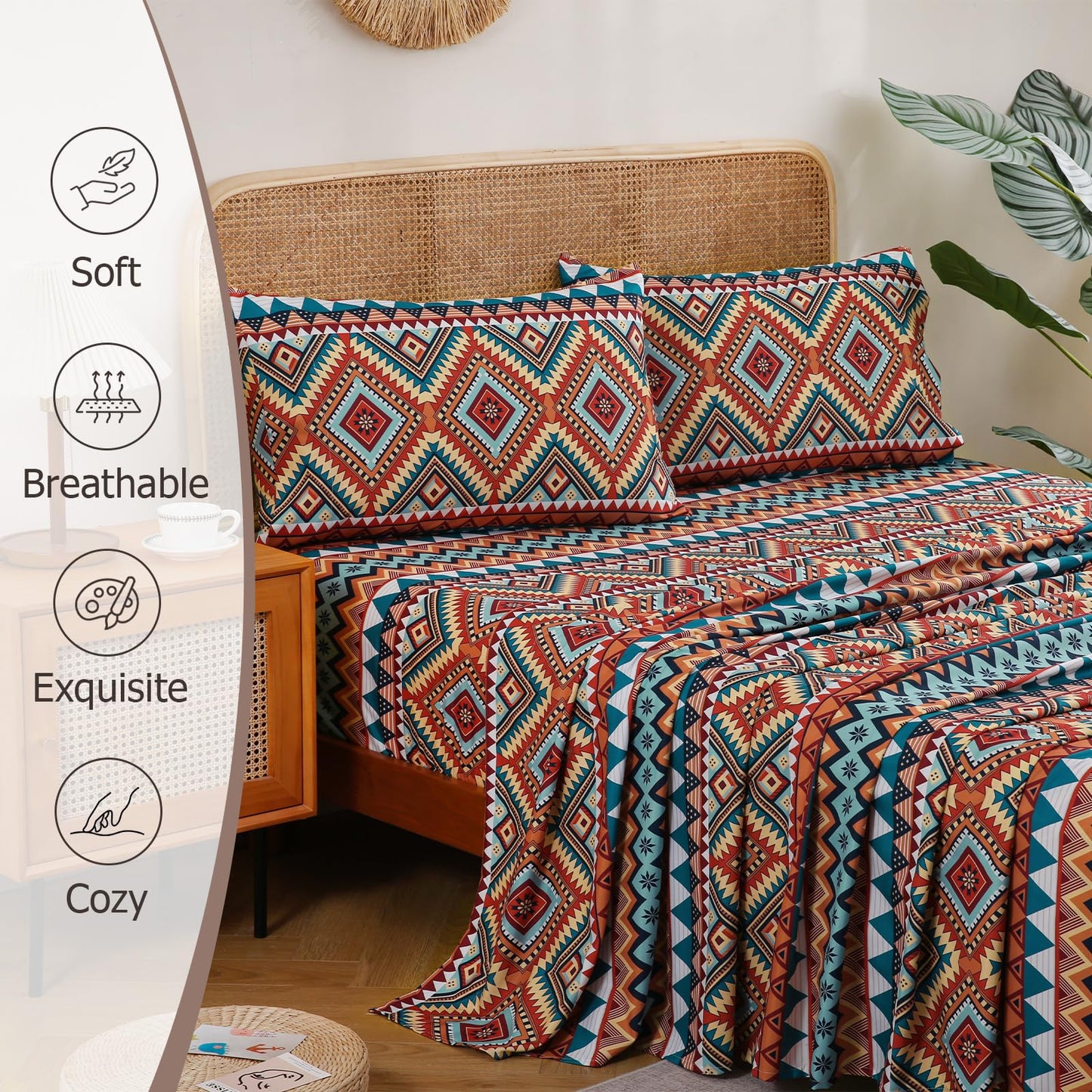 CozySmile 4 Pieces Queen Sheet Set Bohemian, Boho Sheets Soft Microfiber Deep Pocket, Western Sheets Geometric(Queen, Rust Turquoise Diamond)