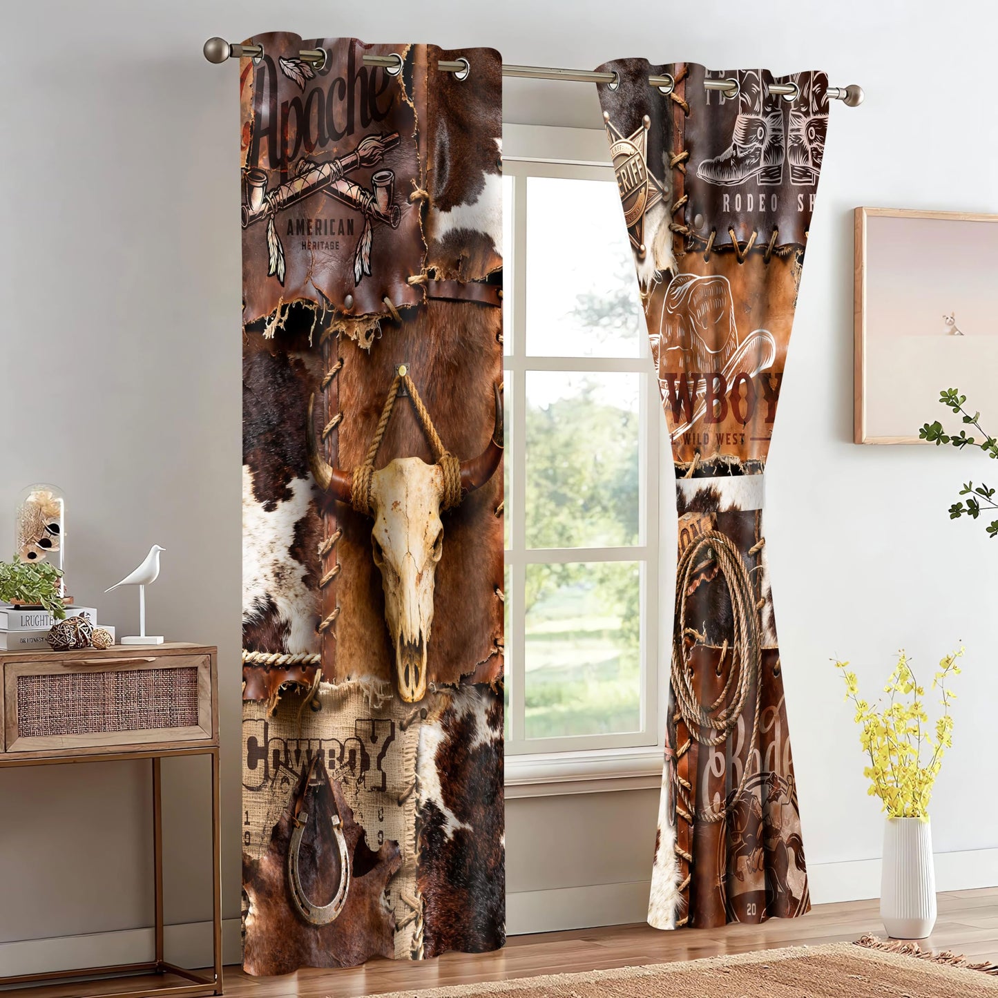 HIYSMT Western Cowhide Blackout Curtains,Cowboy Hat Boots Horseshoe Rope Cow Skull Drapes,4284inch Rustic Farm Animal Skin Window Treatments for Bedrooms Living Room Kitchen,2Panel HI0102YL