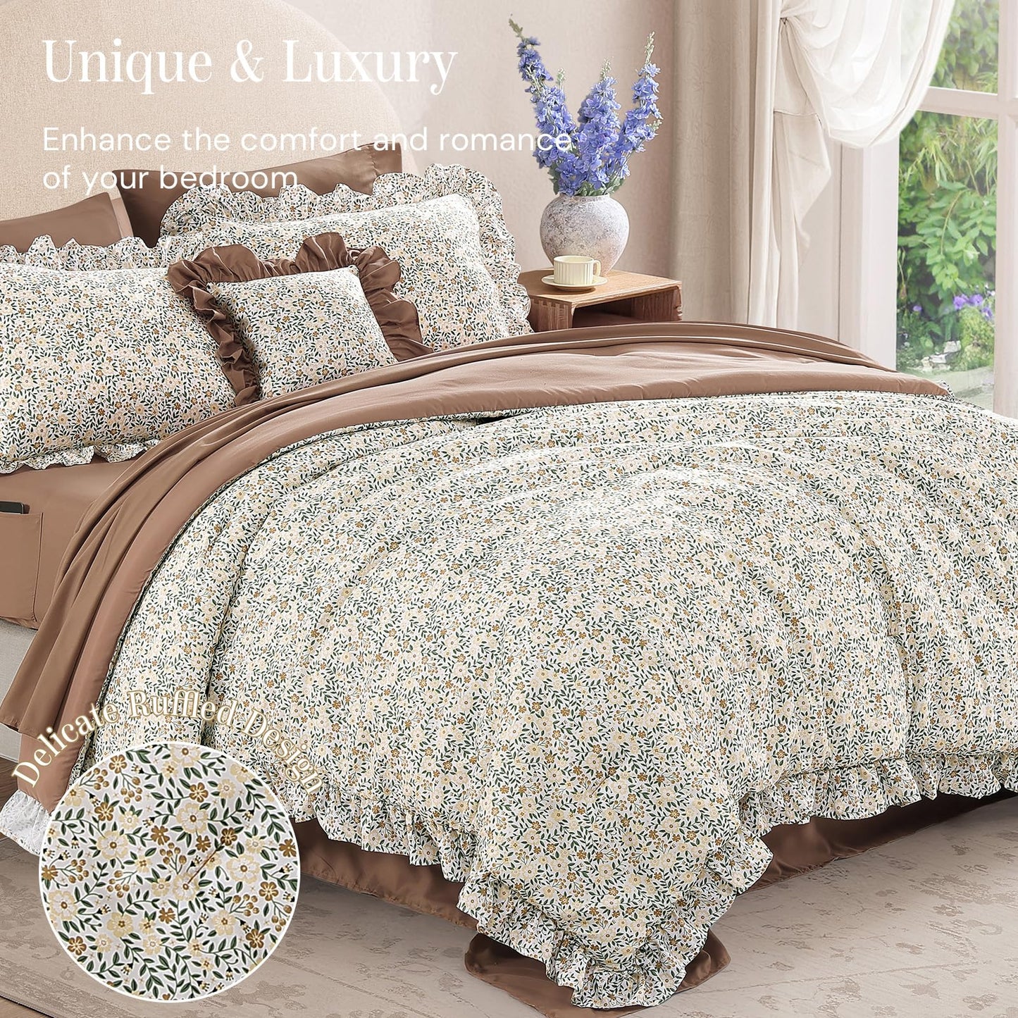 BLOOMHAVEN Queen Comforter Set - 7 Pieces Ruffle Beige Ditzy Bedding Sets, Shabby Chic Farmhouse Bed in a Bag Queen with Floral Comforter,Sheets, Pillowcases & Shams