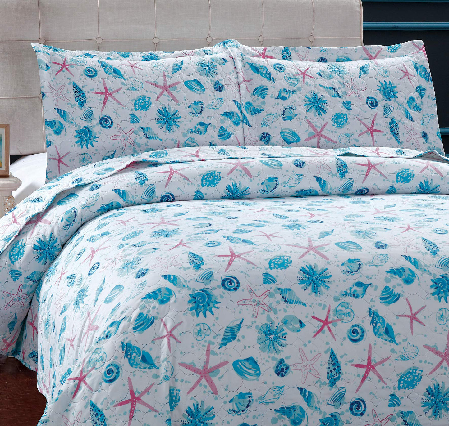 King Size Quilts Bedspread Set Beach King Quilt Set Bedding Set Coastal Summer Ocean Quilts Collection Bedding Beach Bedspread Coverlet Reversible Lightweight Bedding Pink Starfish Aqua Home Quilt Set