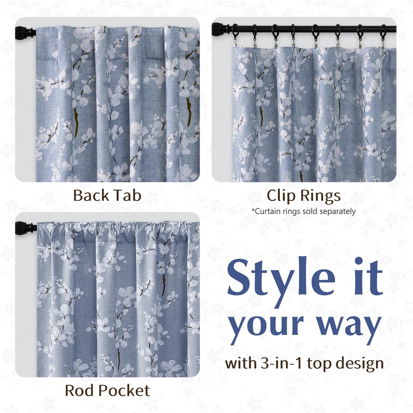 FMFUNCTEX 100% Blackout Floral Curtains for Bedroom, Blue Curtains 84 inch Length Blossom Flower Patterned for Living Room, Thermal Insulated Farmhouse Drapes, Rod Pocket 2 Panels (White on Blue)