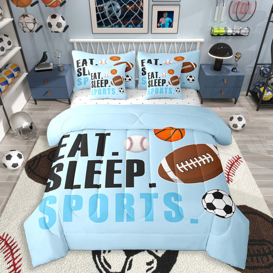 Feelyou Twin Size Sports Comforter Set Boys Girls Bedding Set for Sports Lover Gift Ultra Soft Football Soccer Basketball Baseball Quilt Breathable Lightweight Microfiber Blue Ball Game Room Decor