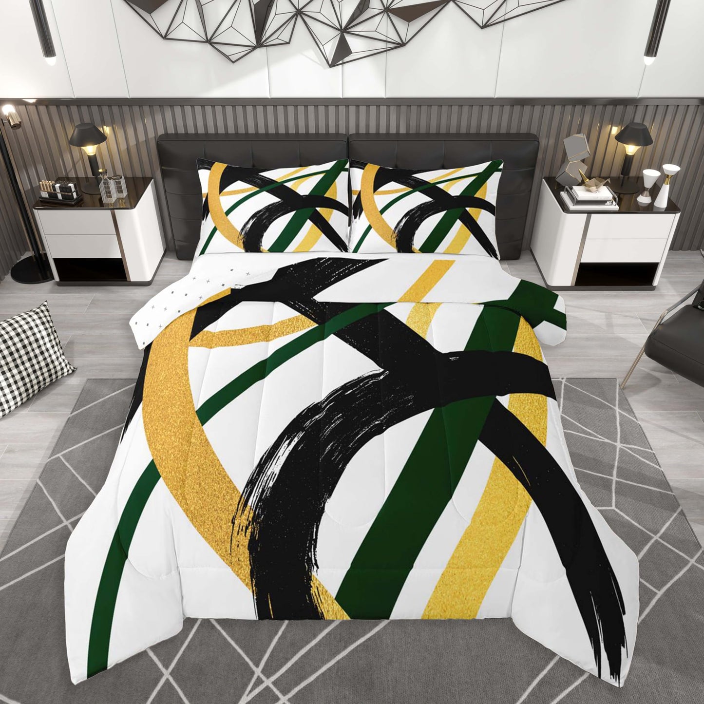 Feelyou Black Gold Green Comforter Set All Season Modern Abstract Geometric Bedding Set with 2 Pillow Cases Minimalist Neutral Microfiber Kids Queen Duvet Quilt Breathable Soft Lightweight