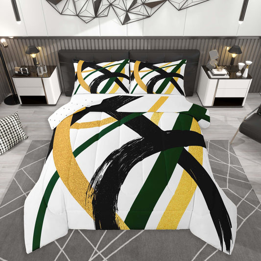 Feelyou Black Gold Green Comforter Set All Season Modern Abstract Geometric Bedding Set with 2 Pillow Cases Minimalist Neutral Microfiber Kids Queen Duvet Quilt Breathable Soft Lightweight