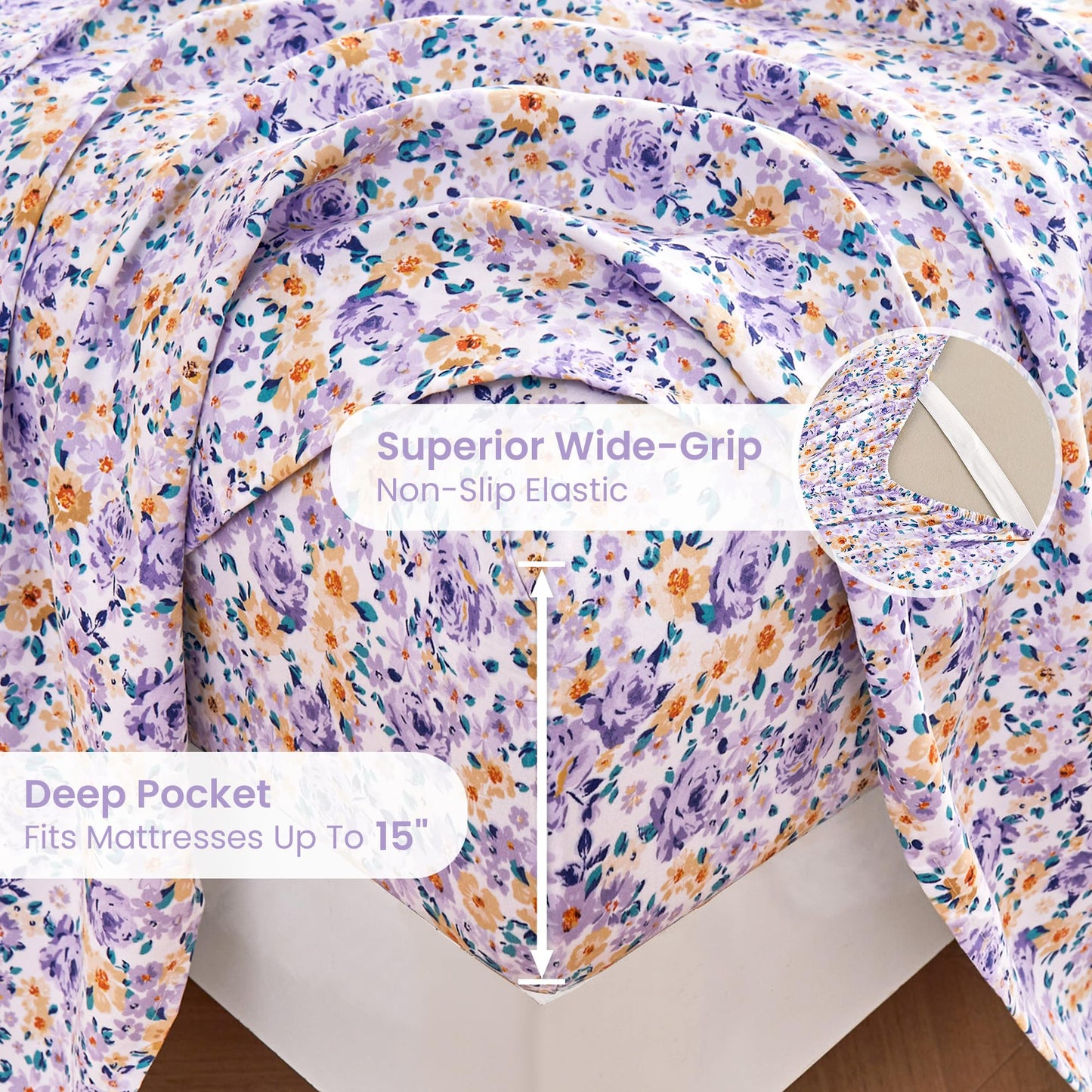 Mooreeke Floral Full Bed Sheets, Soft Microfiber Printed Bedding Sheets & Pillowcases, Deep Pocket Non-Slip Vintage Full Sheet, Purple Yellow Flower Pattern Bedsheets