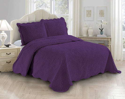 Fancy Linen 3pc Embossed Coverlet Bedspread Set Oversized Bed Cover Solid Floral Daisy Pattern New # Allis (Full/Queen, Purple)