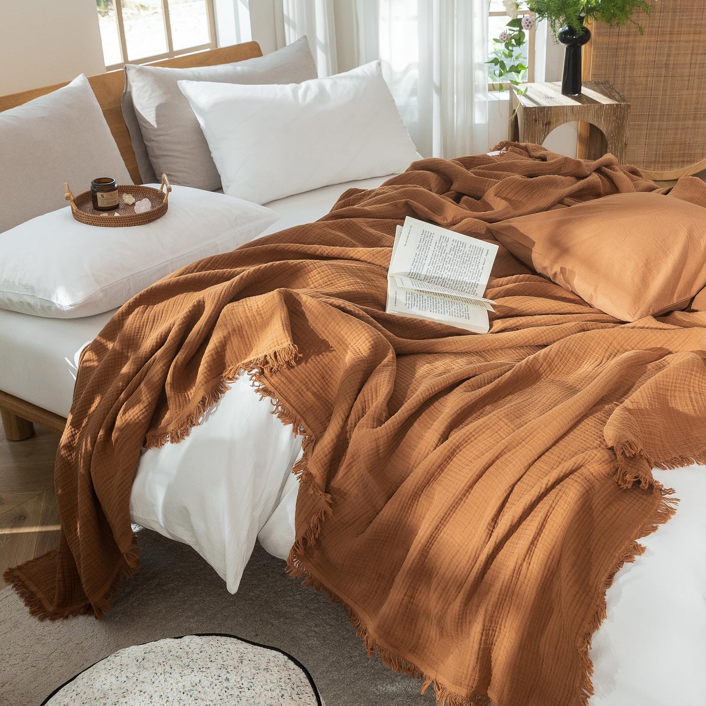 MooMee Muslin Blanket - 100% Cotton 4-Layer Gauze Throw Blanket with All-Around Fringe, Soft Breathable Lightweight Cooling Summer Blankets for Bed Couch (Drak Orange,Queen 90" x 90")