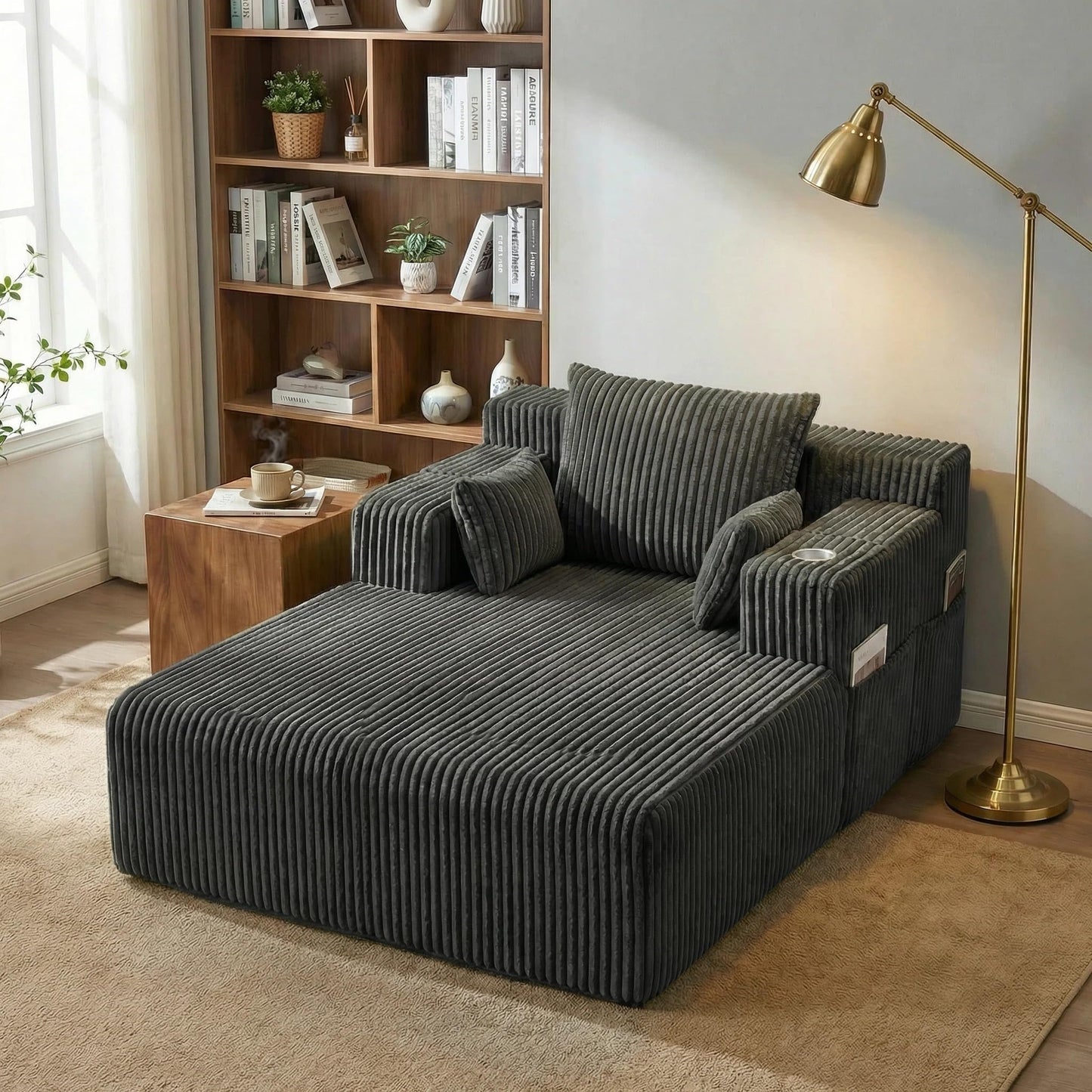 Furnimart 66" Oversized Chaise Lounge Indoor, Upholstered Sofa Bed with 1 Cup Holders & 4 Side Pockets, No Assembly Required Corduroy Reading Chair, Small Couches for Small Spaces, Grey