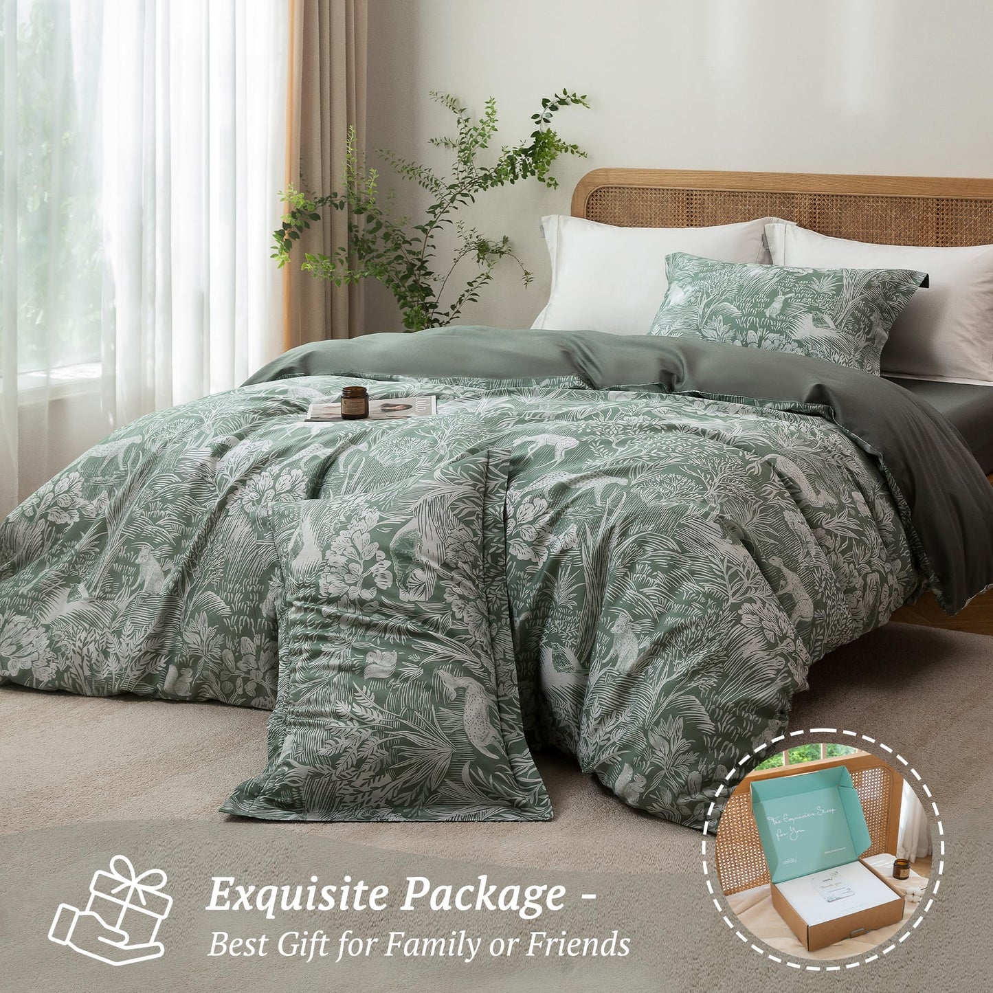 MILDLY Queen Size Duvet Cover Set 100% Long-Staple Cotton Luxury Green Floral Patten Reversible Comforter Cover Set 3Pcs