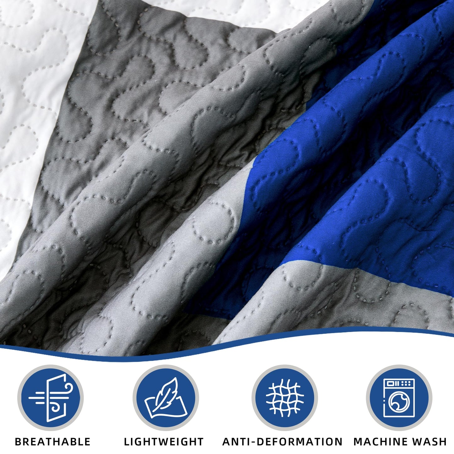 Tyrot 3 Piece Blue White Grey Quilt Set King Size Black White Geometric Reversible Bedding Set Microfiber Lightweight Bedspread Coverlet with 2 Shams Modern Bed Covers for All Season, 106''x96''