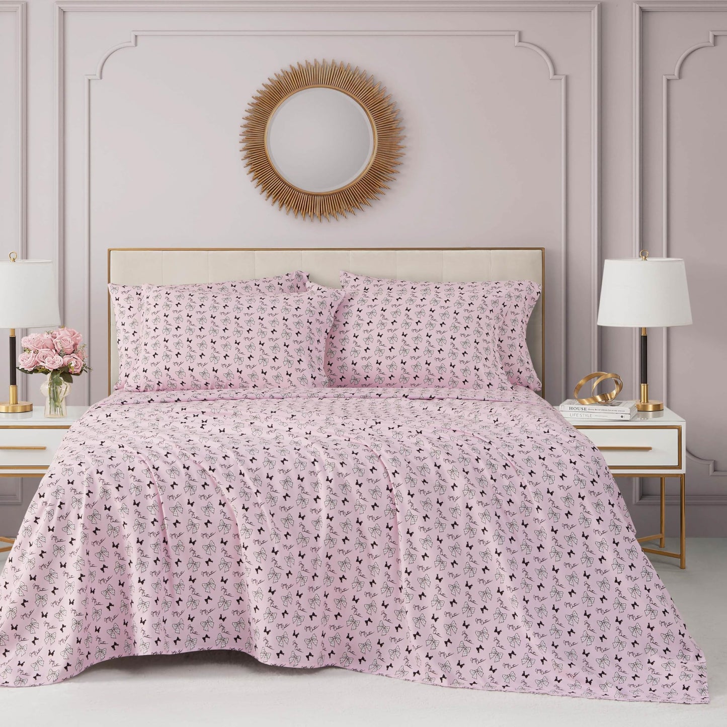 Juicy Couture Printed Microfiber 6-Piece King Sheet Set, Polka Dot Bow Toss Light Pink