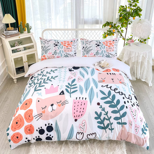 CVHOUSE Cat Duvet Cover Set,Kitten Bedding Set for Kids,Cartoon Animal Comforter Cover Set,Queen Size,1 Quilt Cover 2 Pillowcases 3 Piece