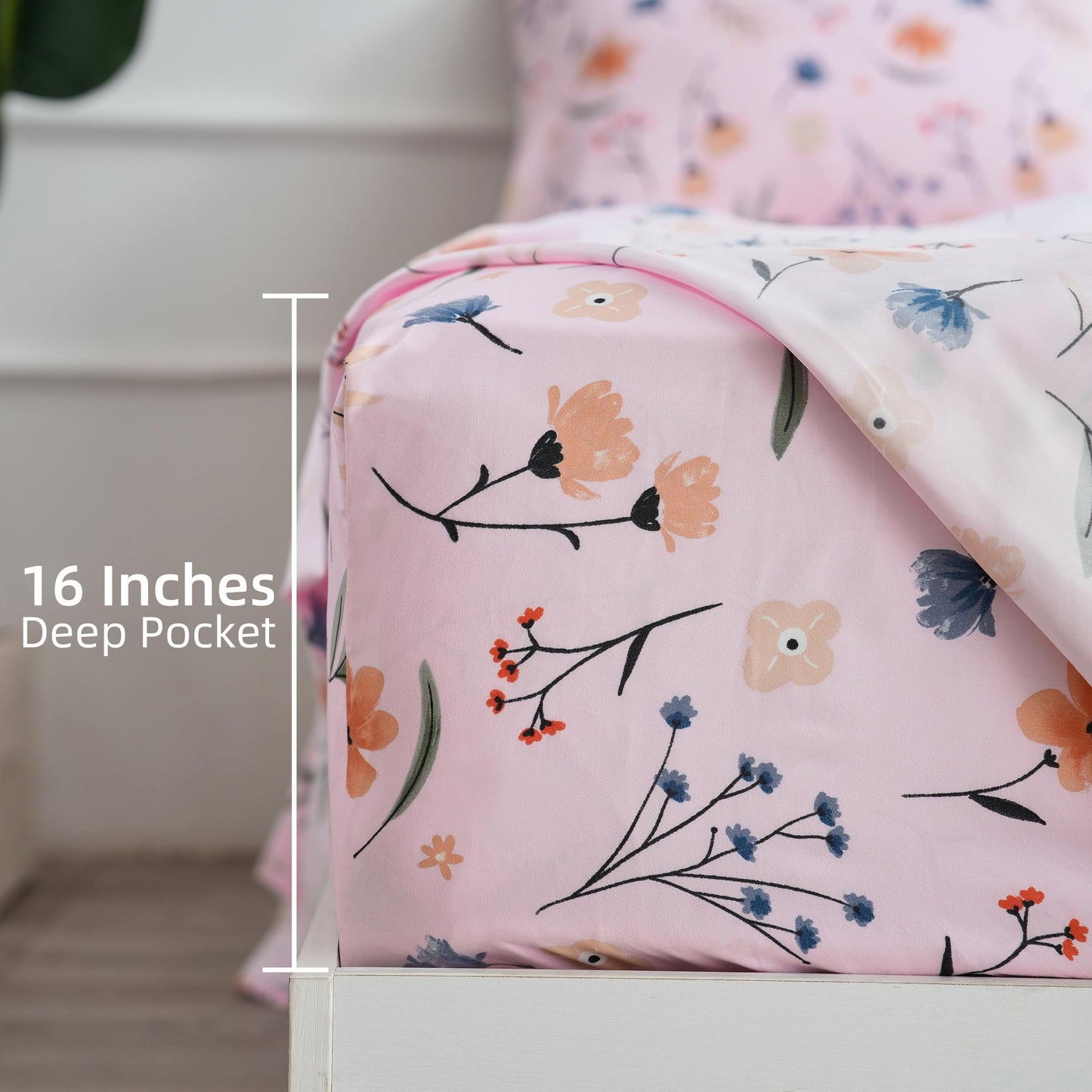 Pink Queen Sheets Set Flower Bed Sheets 4 Piece - Pink Botanical Patterned Sheets Microfiber Bedding Decor - Breathable & Durable Queen Sheet Set Up to16 Inches Deep Pocket Queen Bed Sheets