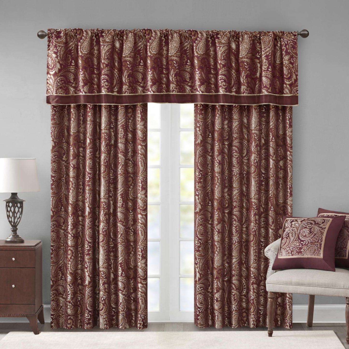 Madison Park Aubrey 2 Panel Curtain Faux Silk Paisley Jacquard, Rod Pocket Curtain for Living Room, Kitchen, Room Darkening Window Drape for Bedroom and Dorm, 2-PK 50x84, Burgundy