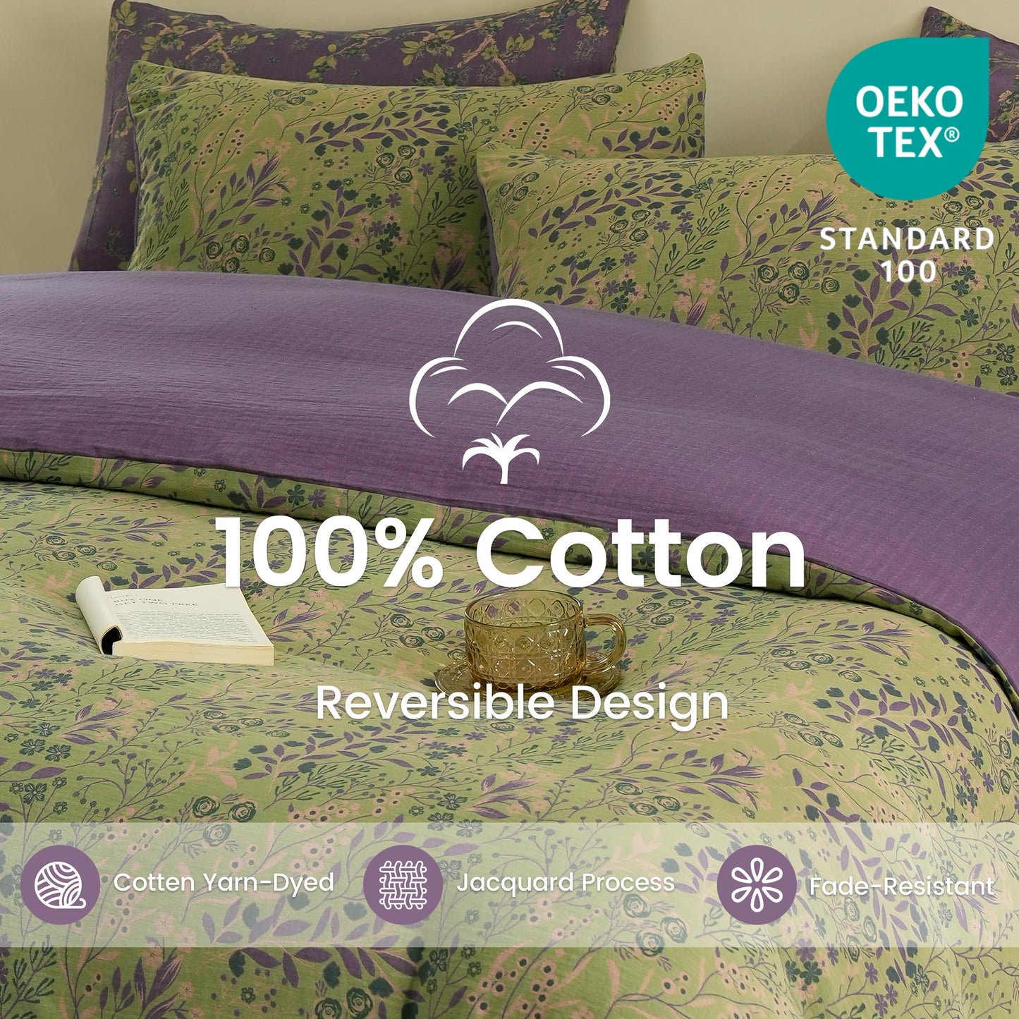 BISELINA 100% Cotton Muslin Duvet Cover Set Queen, 3 Pcs Yarn-Dyed Jacquard Textured Reversible Floral Design, Soft and Breathable Bedding Set with Zipper Closure, Green Purple