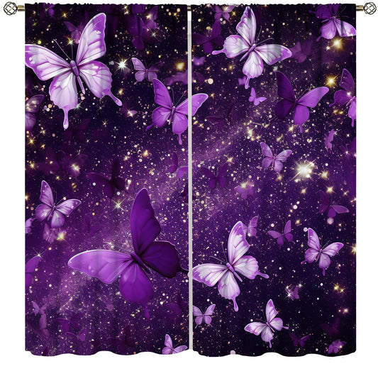 PHTAYOT Butterfly Curtains, Purple Dream Fantasy Starlight Butterfly Pattern for Kids Girls Room Decor, Print Blackout Drapes for Living Room Bedroom Kitchen 2 Panel Set 21" W X 63" L