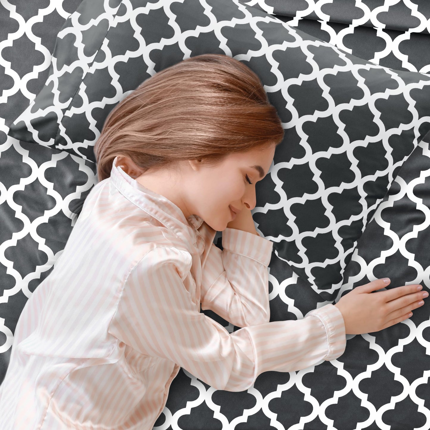 LUX Décor Quatrefoil Twin Sheet Set - 3 Piece Ultra-Soft Microfiber Bed Sheets with Flat Sheet, 16 Inches Deep Pocket Fitted Sheet & Pillowcases, Breathable, Bedroom Decor, Oeko- - Black