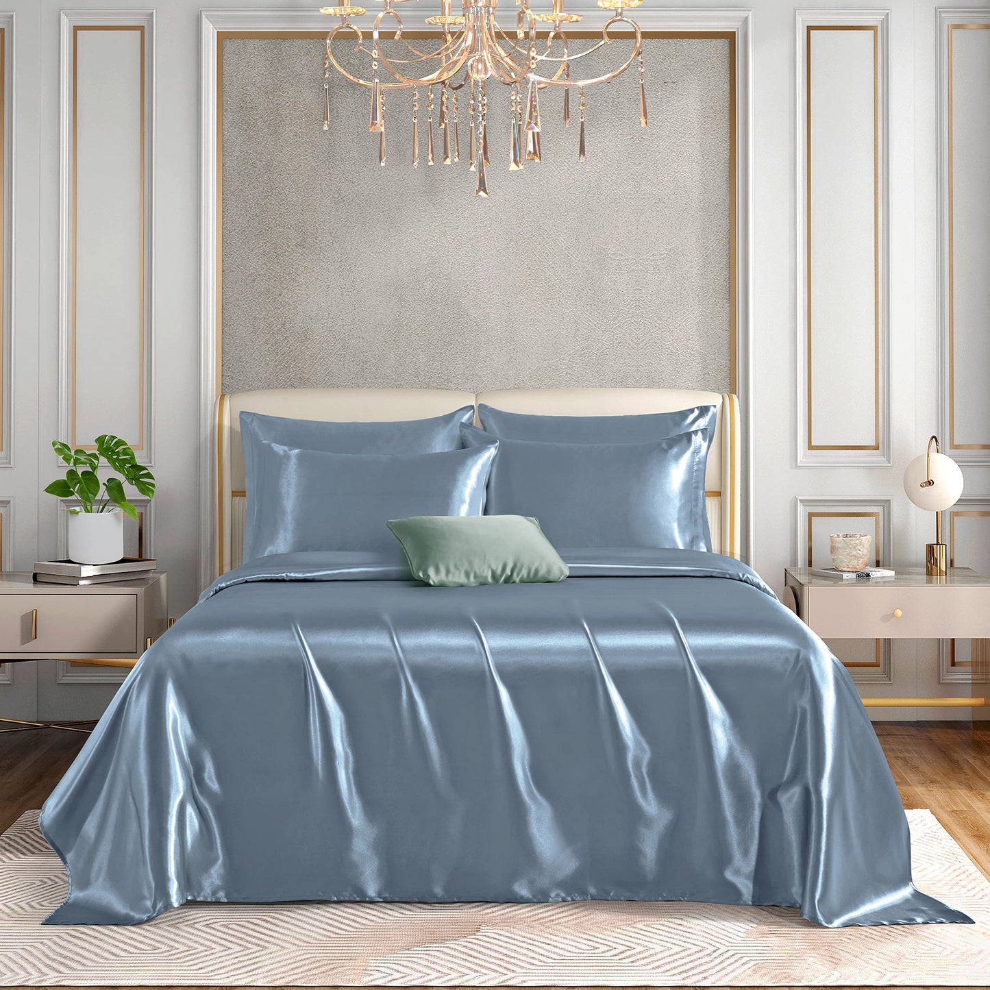 Horbaunal 4 Piece Satin Sheet Set Twin Size Luxury Silky & Soft Dusty Blue Satin Twin Bed Sheet Set with 16" Deep Pocket, 1 Fitted Sheet, 1 Flat Sheet, 2 Pillowcases