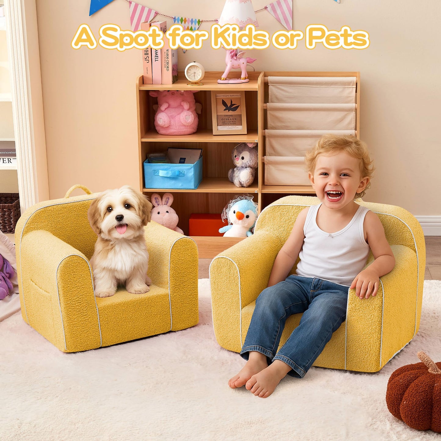 DAICO Ultra-Soft Foam Kids Sofa Chair, Cozy Toddler Bean Bag Chair with Armrests for Boys and Girls, Teddy Lazy Sofa Couch for Reading & Playing, Yellow, Small
