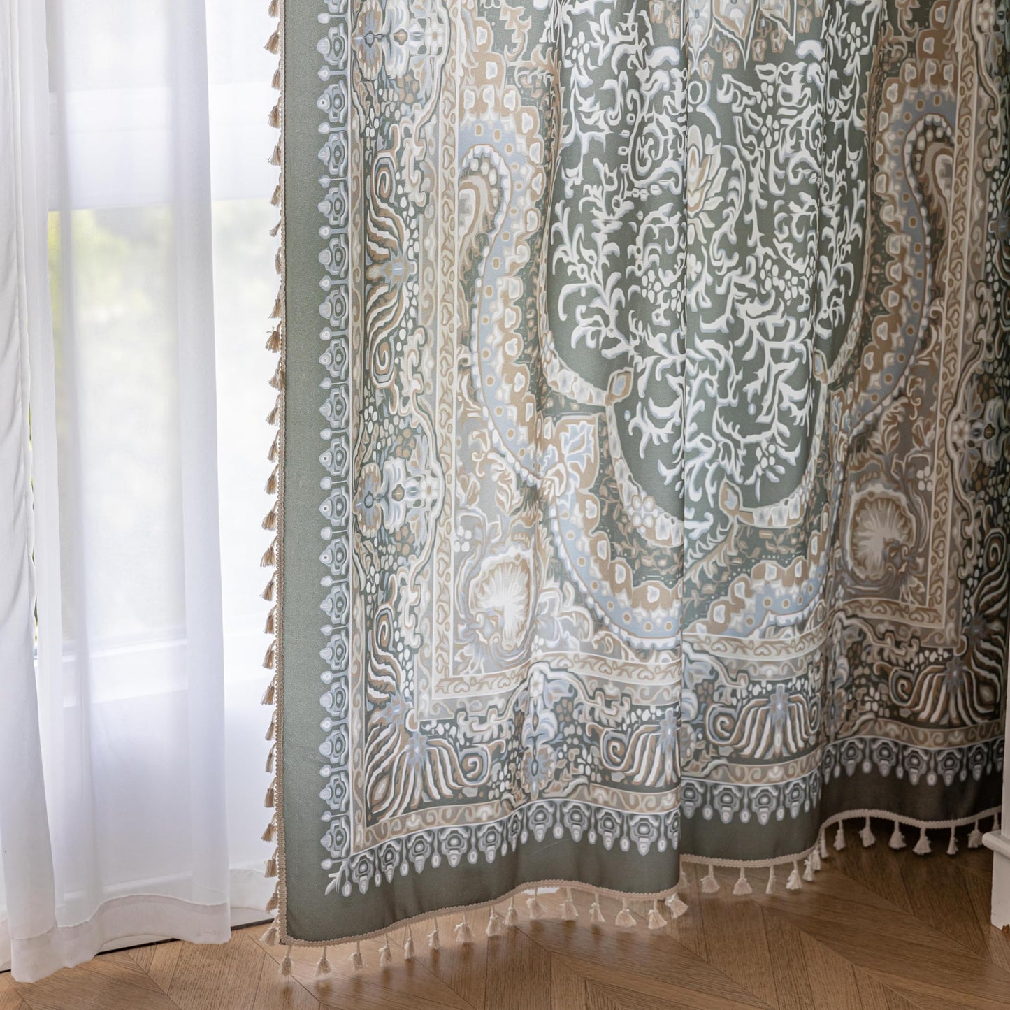 Erbnaryx Sage Green Medallion Curtains 72 Inches Long, Boho Farmhouse Light Filtering Rod Pocket Drapes with Tassel Trim for Bedroom Living Room, 2 Panels
