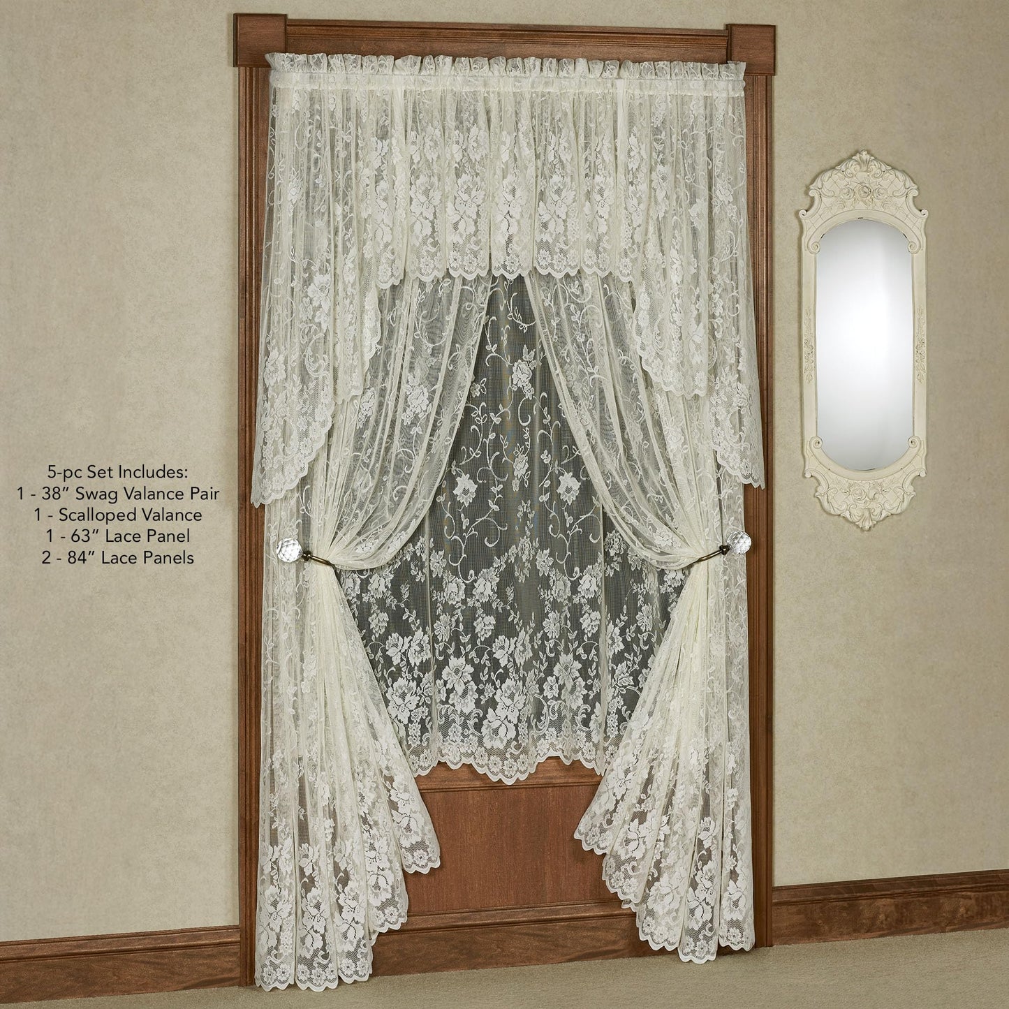 Luxury Sheer Polyester Enchanting Roses Lace Window Treatment | 5 Piece Set: Scallop Valance, 38L Swag Pair, 63L and 84L Panels | Classic Flower | Ivory | Rod Pocket | Machine wash | Light Filtering