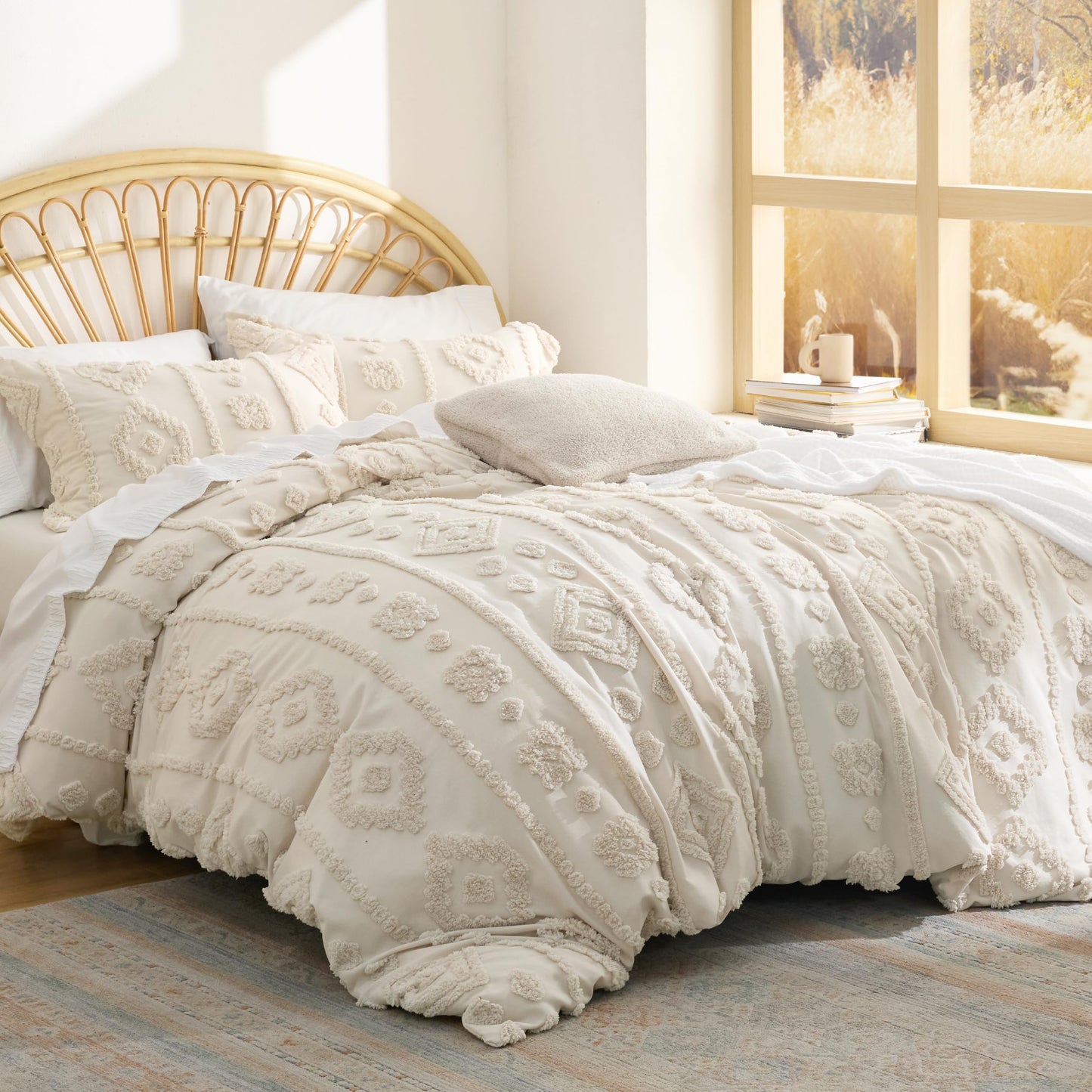 Bedsure Boho Tufted Beige Comforter King Size, GentleSoft™ 3 Pieces Boho Farmhouse-Style Decor Bedding, Exquisite Bedding for All Seasons, 1 Bed Comforter, 2 Pillow Shams, 104x90 Inches