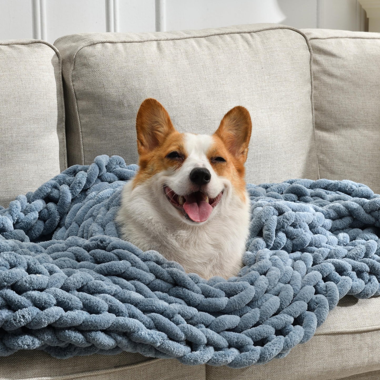 Feabuccy Soft Chunky Knit Blanket, 40X50 Inch Handmade Thick Chenille Yarn Throw Without Shedding & Raveling, Aesthetic & Cozy Home Decor with Couch Sofa Bed, Gift Pack, Airy Blue