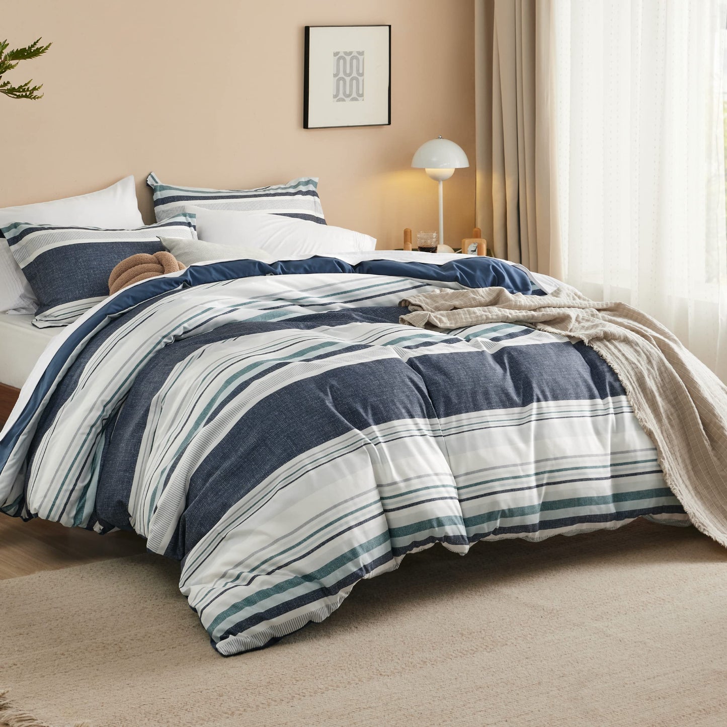 Bedsure Duvet Cover King Size - Reversible Striped Duvet Cover Set with Zipper Closure, 3 Pieces Blue Bedding Set with 8 Corner Ties and 2 Pillow Shams 20"x36"