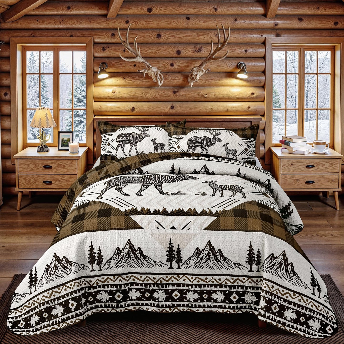 3 Piece Cabin Full/Queen Quilt Sets Farmhouse Rustic Reversible Microfiber Soft Lightweight Bedspread Comforter with 2 Shams Patchwork Country Lodge Bedding Quilts Set for All Season, 90''x96'', Brown