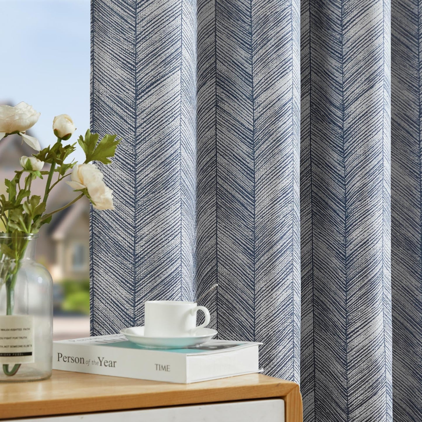 jinchan Blue Printed Curtains 84 Inch Length for Living Room Grommet Jacquard Curtains with Herringbone Pattern Modern Room Darkening Drapes Bedroom Window Curtain Set 2 Panels