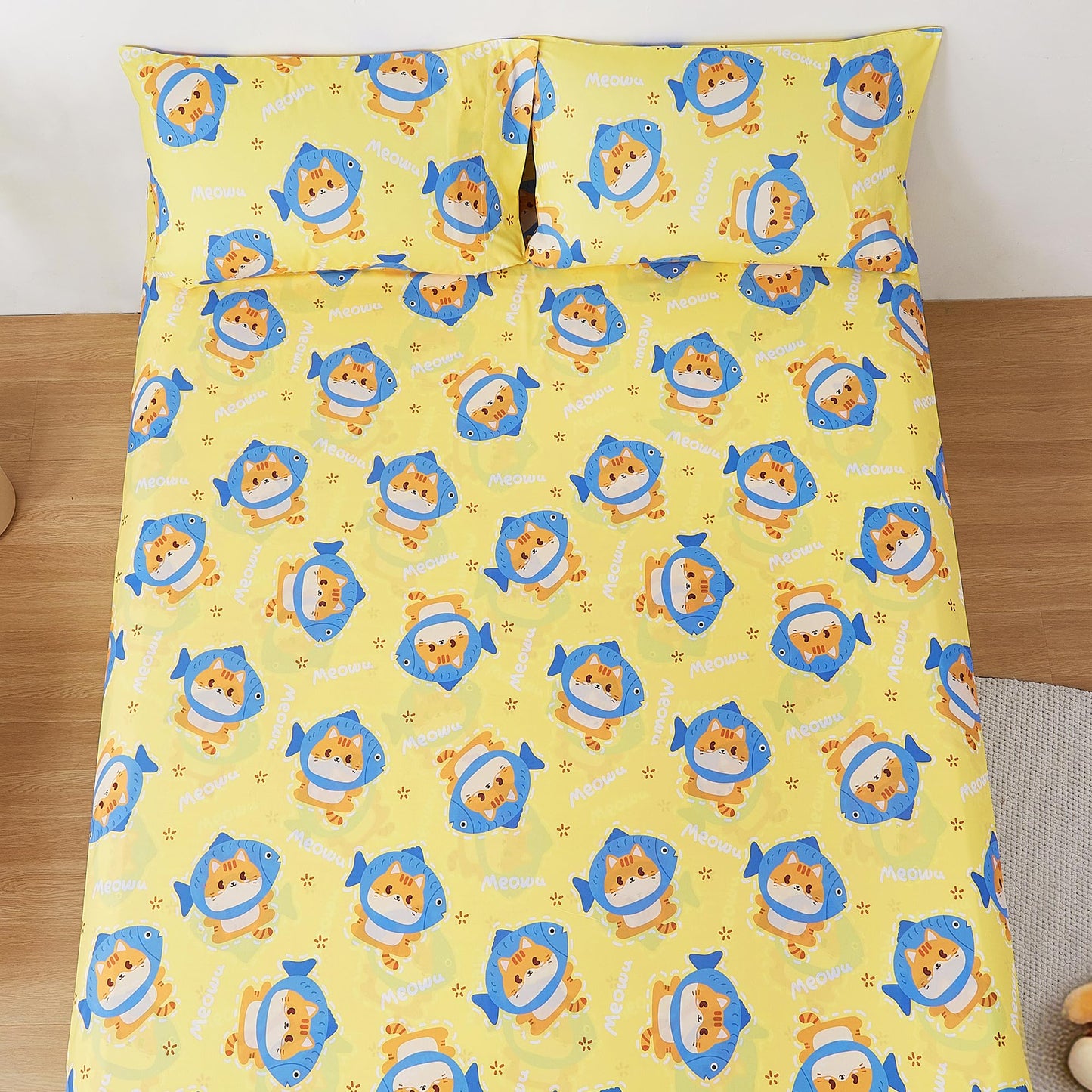 CozySmile Full Sheet Set Kids,4 Pieces Breathable Soft Microfiber Bedsheets for Child Boys Girls, Oeko-TEX, Anti Pilling Deep Pockets Easy Care Bed Sheets, Cat Fish