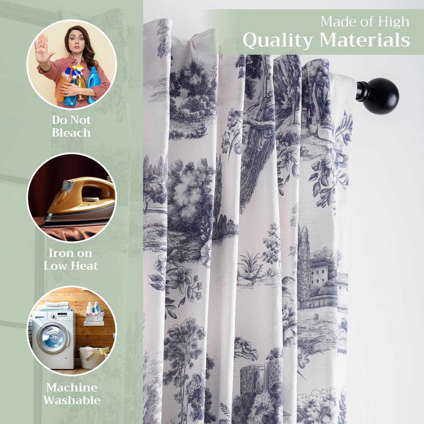 Maison d' Hermine Curtains for Living Room 100% Cotton 96 inch Length One Panel Light Filtering Toile Curtains for Bedroom Windows with Rod and Loop Pockets Drapes (Trianon Blue, 50" W x 96" L)
