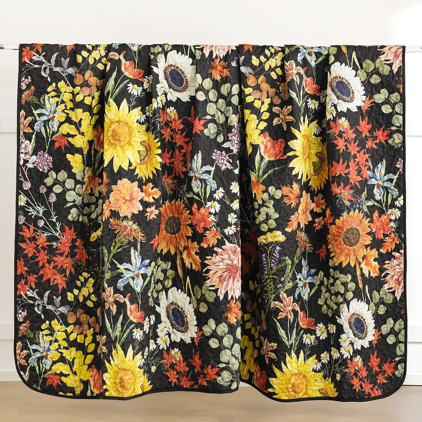 Yiran Quilt King Size, Black Yellow Floral Bedspreads Bedding Set, 3 Pieces Spring Summer Soft Lightweight Microfiber Coverlet with 2 Pillow Shams for All Season 106x90 Inch