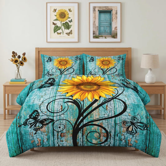 Pamnest Comforter Set Twin Size, Rustic Yellow Sunflower 2 Pcs Soft Bedding Set for Kids and Adults, Teal Wood Wooden Floral Comforter Set with Pillowcase, for Bedroom Bed Decor