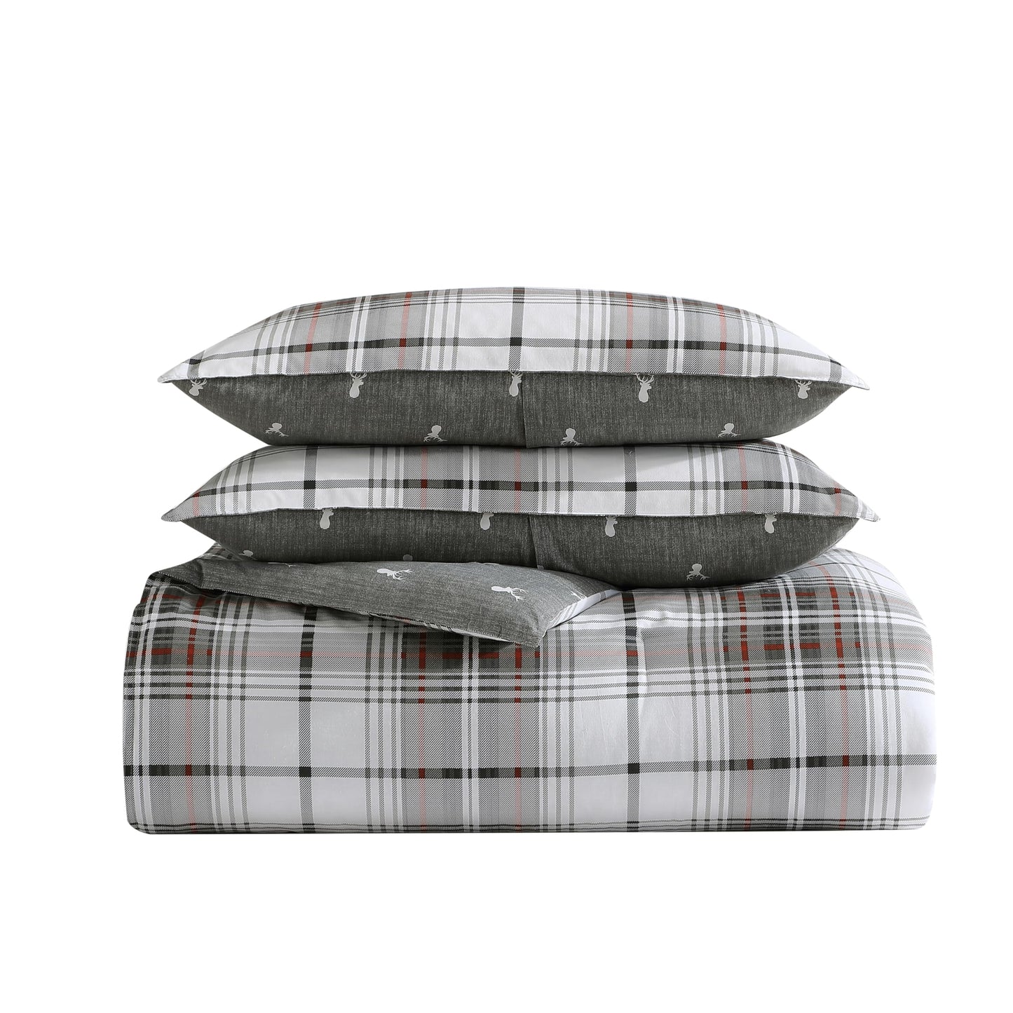 Eddie Bauer - Queen Comforter Set, Reversible Cotton Bedding with Matching Shams, Plaid Home Decor for All Seasons (Alder Grey/Red, Queen)