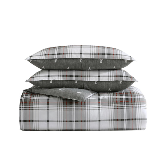 Eddie Bauer - Queen Comforter Set, Reversible Cotton Bedding with Matching Shams, Plaid Home Decor for All Seasons (Alder Grey/Red, Queen)