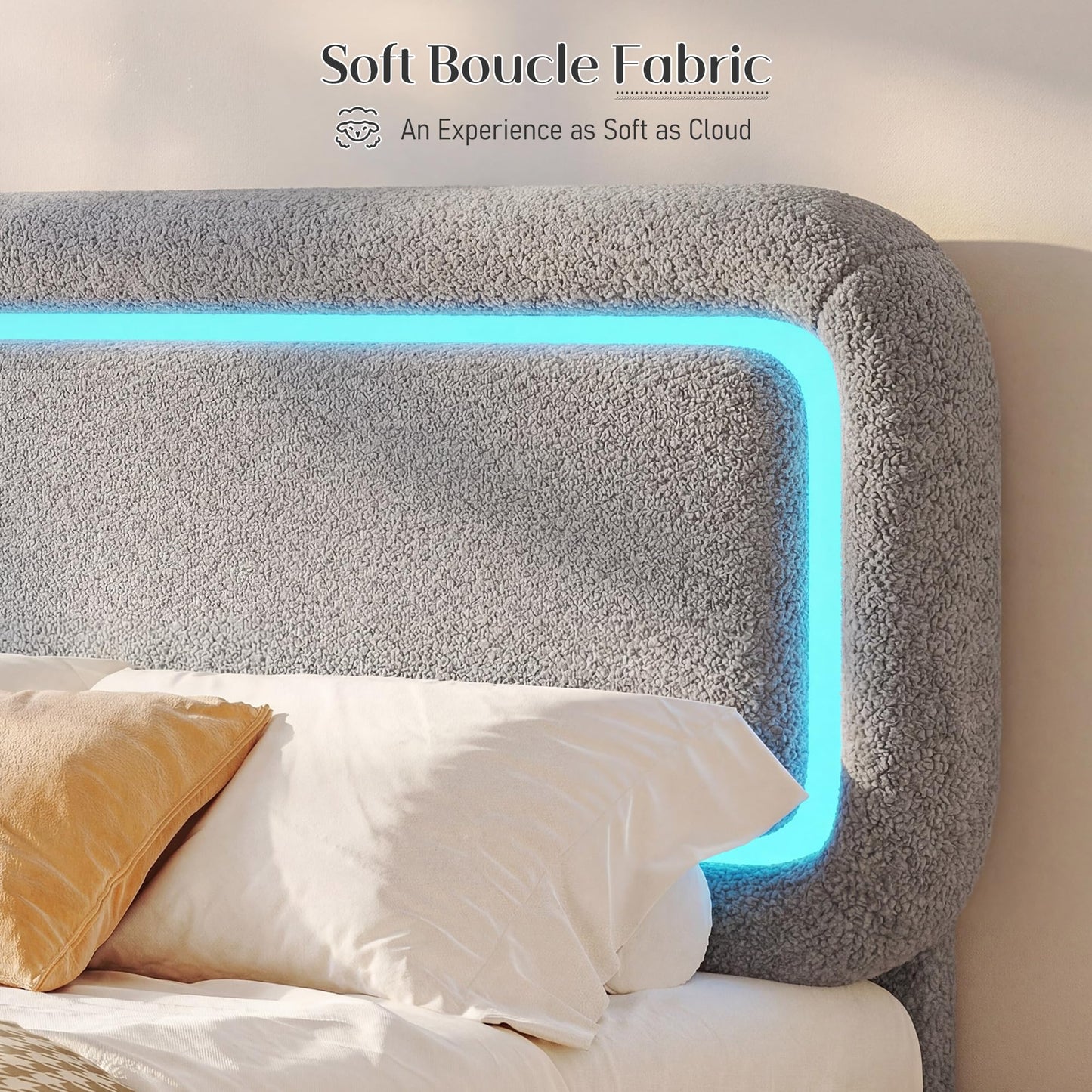 Homkdom Upholstered Full Bed Frame with Led Lights,Boucle Upholstered Full Size Bed Frame with Headboard,Soft Bed Frame Full,Anti-Collision Round Corners,No Box Spring Needed,Modern,Grey